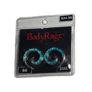 Teal blue spiral gauges by Body Rage, 6G, 316L stainless steel